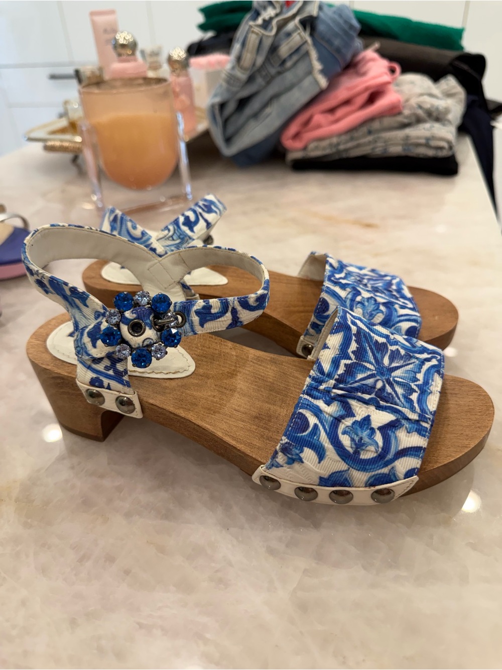 Dolce & Gabbana Blue and White Floral Wooden Clogs